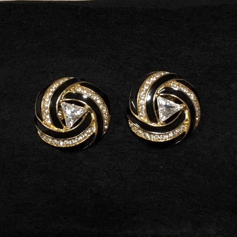 Trifari Black & Gold Tone Earrings w/ Rhinestones